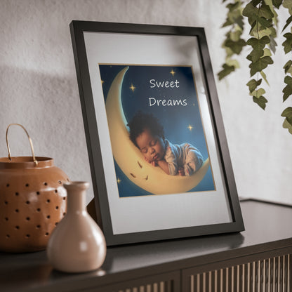 Sweet Dreams Nursery Framed Poster — Baby Moon Wall Art (Black Frame)