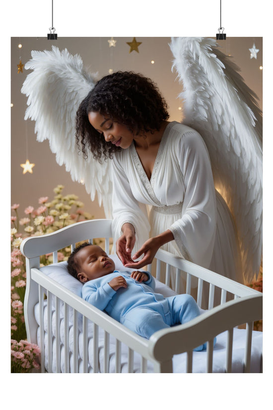Angel Nursery Satin Poster 2 — Guardian Angel Crib Wall Art (300gsm) by Grace Canvas Shop