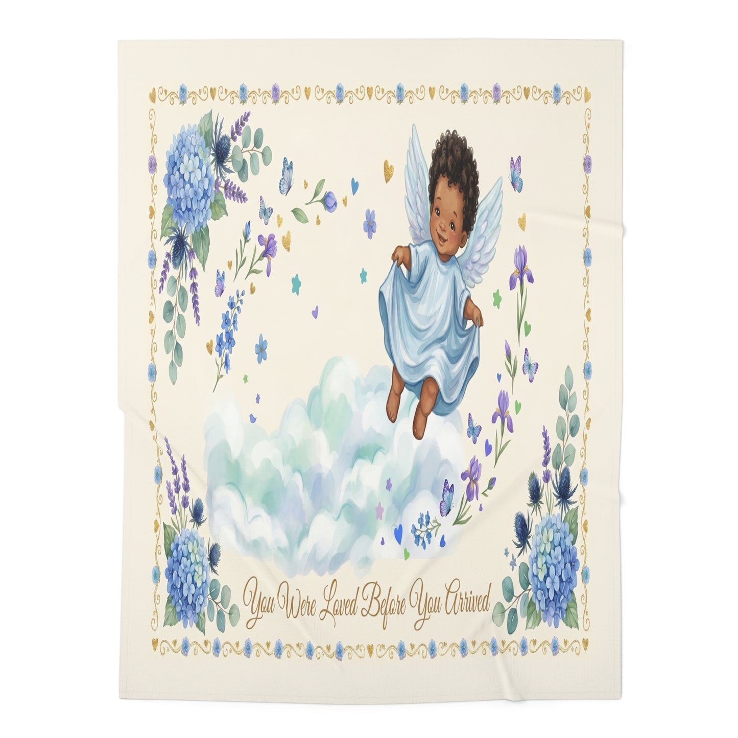 Baby Swaddle Blanket — Cherubic African American Angel Design with "You Were Loved Before You Arrived" — Newborn Gift