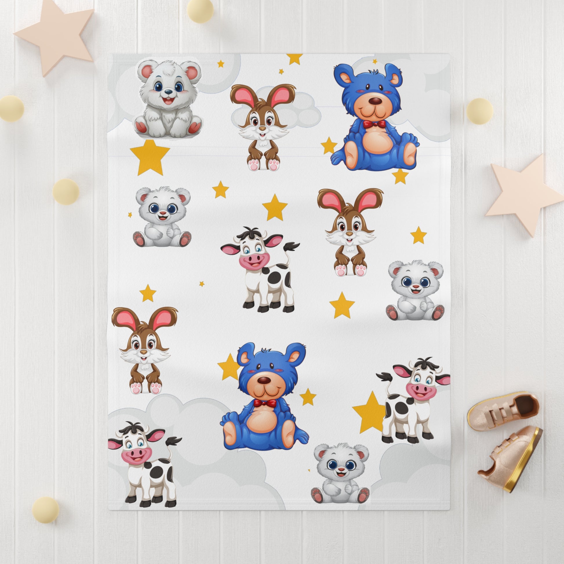 Cute Farm Animal Baby Fleece Blanket — Soft Nursery Throw with Teddy, Cow, Bunny & Stars by Grace Canvas Shop