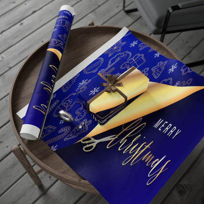 Christmas Wrapping Paper Roll - Blue & Gold 'Merry Christmas' Holiday Gift Wrap