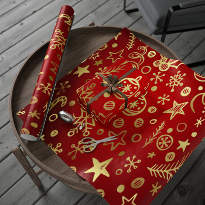 Festive Red & Gold Holiday Wrapping Paper Roll — Elegant Star and Swirl Gift Wrap