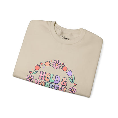 Held & Hopeful in Jesus Sweatshirt | Colorful Pastel Christian Encouragement