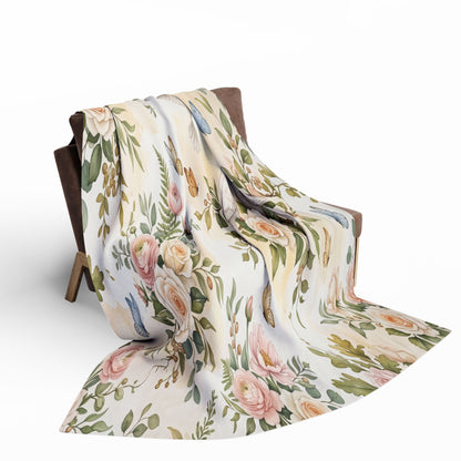 Floral Dove Fleece Blanket – Romantic Rose & Bird Throw