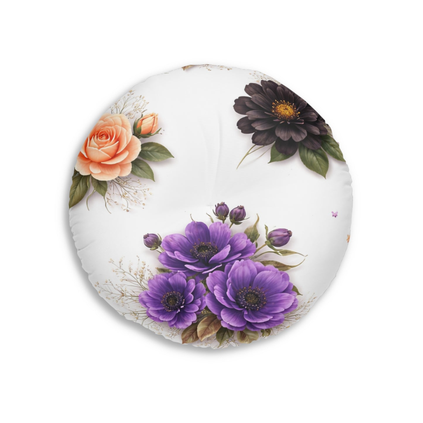 Round Tufted Floor Pillow — Vintage Floral Bouquet (Purple, Peach & Chocolate Blooms)