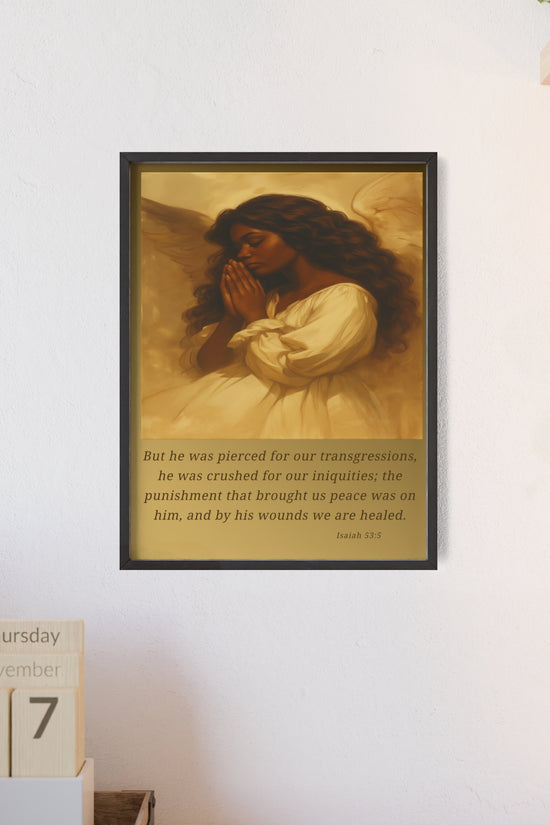 Framed Prayer Angel Poster — Isaiah 53:5 Religious Wall Art