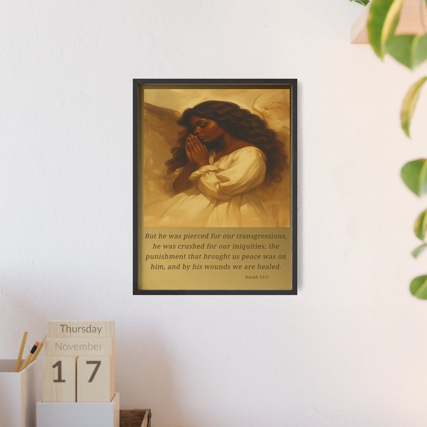 Framed Prayer Angel Poster — Isaiah 53:5 Religious Wall Art