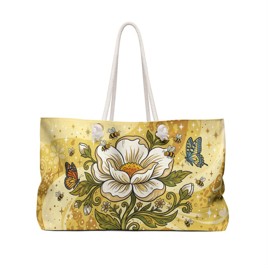 Golden Floral Weekender Bag — Butterflies & Bees Travel Tote