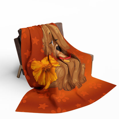 Cute Puppy Fleece Blanket — Adorable Brown Dog with Flower Throw by Grace Canvas Shop