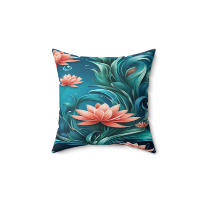 Aquatic Square Floral Throw Pillow — Teal & Coral Decorative Cushion