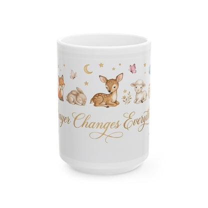 Baby Blessings Ceramic Mug — "Prayer Changes Everything" with Cute Woodland Animals (11oz, 15oz)
