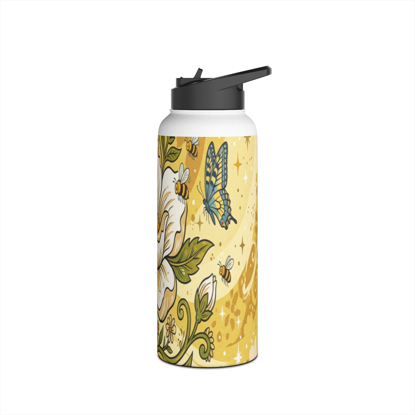 Floral Stainless Steel Water Bottle — Yellow Vintage Magnolia Design