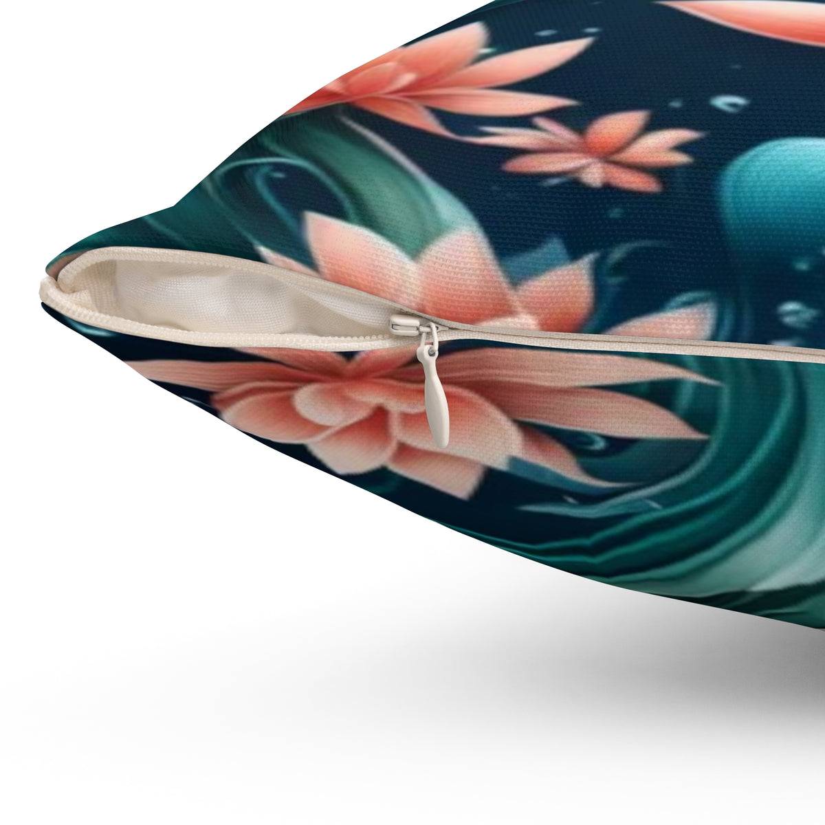 Aquatic Square Floral Throw Pillow — Teal & Coral Decorative Cushion