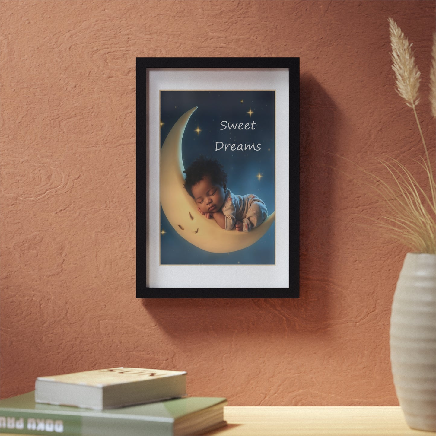 Sweet Dreams Nursery Framed Poster — Baby Moon Wall Art (Black Frame)
