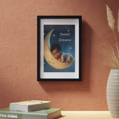 Sweet Dreams Nursery Framed Poster — Baby Moon Wall Art (Black Frame)