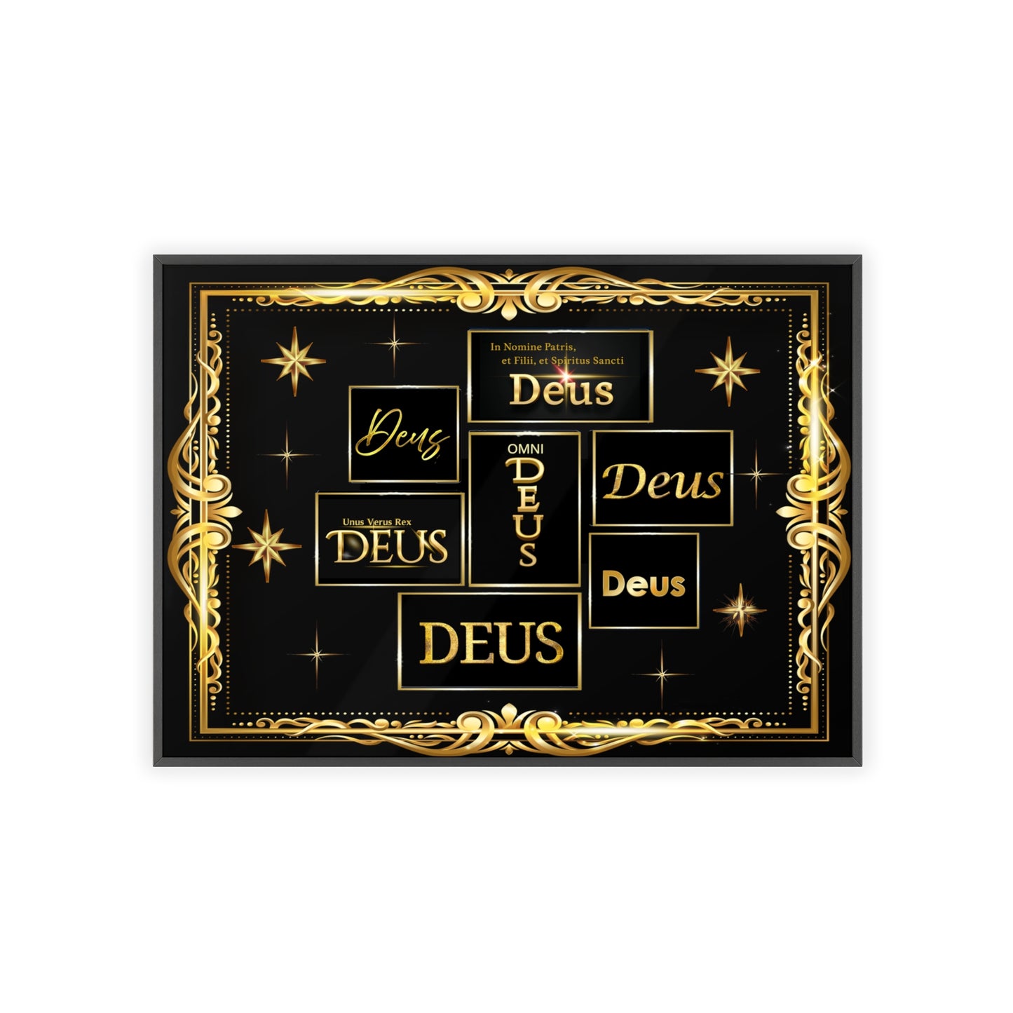 Deus Black and Gold Poster in Wooden Frame