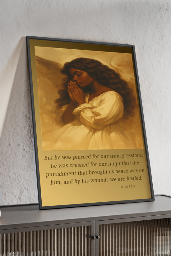 Framed Prayer Angel Poster — Isaiah 53:5 Religious Wall Art