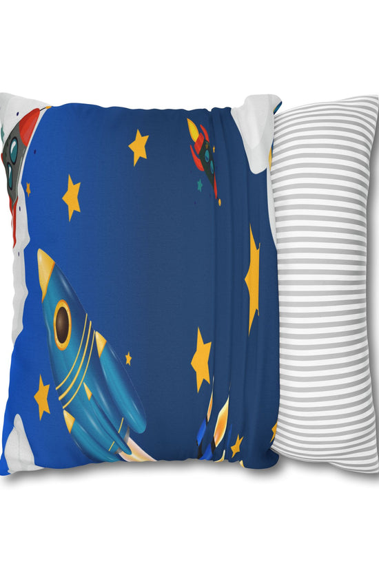 Kids Space Rocket Throw Pillowcase – Blue Stars Galaxy Decorative Pillow Cover by Grace Canvas Shop