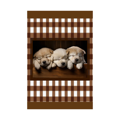 Sleeping Puppies Satin Poster — Cute Puppy Wall Art with Brown Gingham Border by Grace Canvas Shop