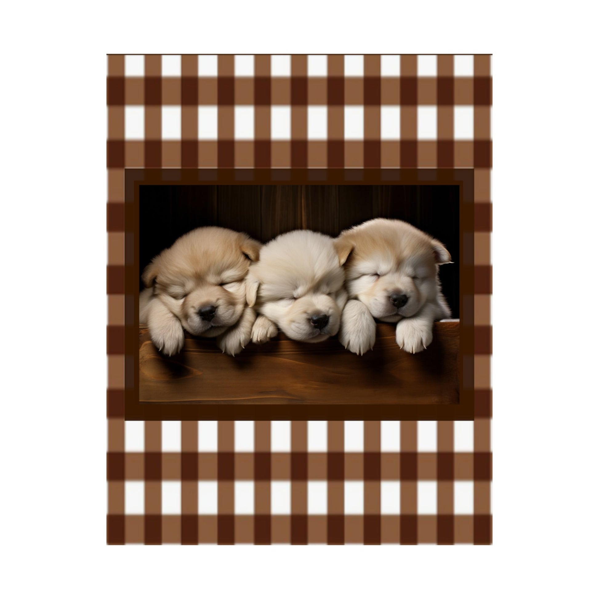 Sleeping Puppies Satin Poster — Cute Puppy Wall Art with Brown Gingham Border by Grace Canvas Shop