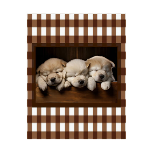 Sleeping Puppies Satin Poster — Cute Puppy Wall Art with Brown Gingham Border