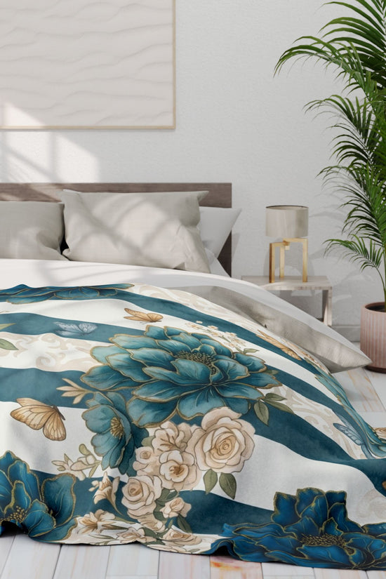 Teal Peony Striped Throw Fleece Blanket
