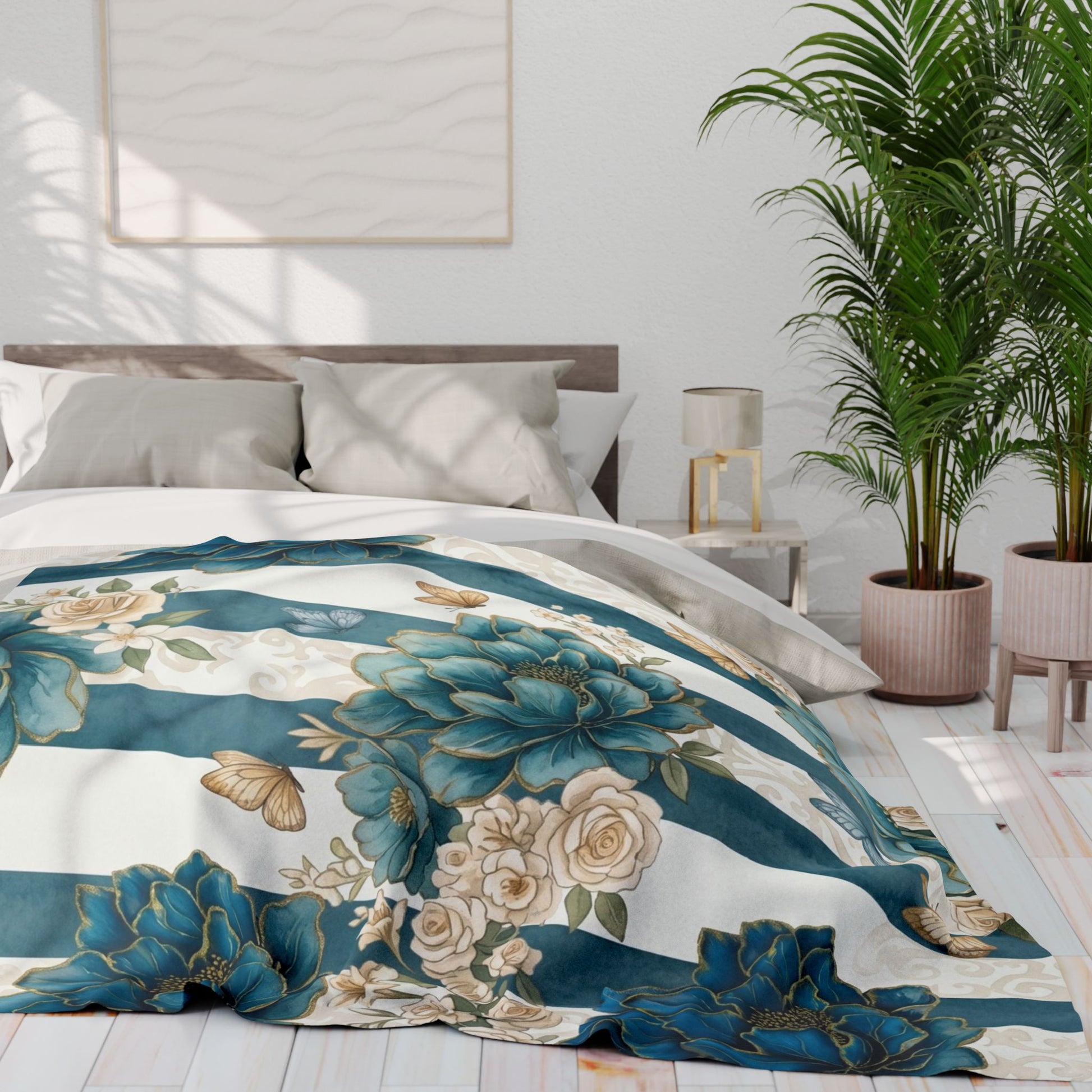 Teal Peony Striped Throw Fleece Blanket