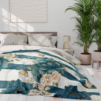Teal Peony Striped Throw Fleece Blanket