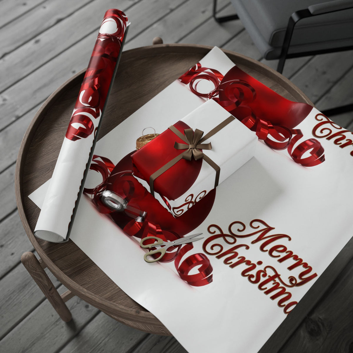 Christmas Ornament Wrapping Paper - "Merry Christmas" Red Bauble Gift Wrap