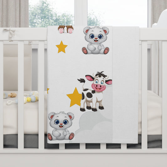 Cute Farm Animal Baby Fleece Blanket — Soft Nursery Throw with Teddy, Cow, Bunny & Stars