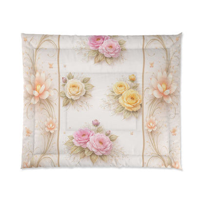 Vintage Floral Comforter – Soft Pink & Yellow Rose Bedspread