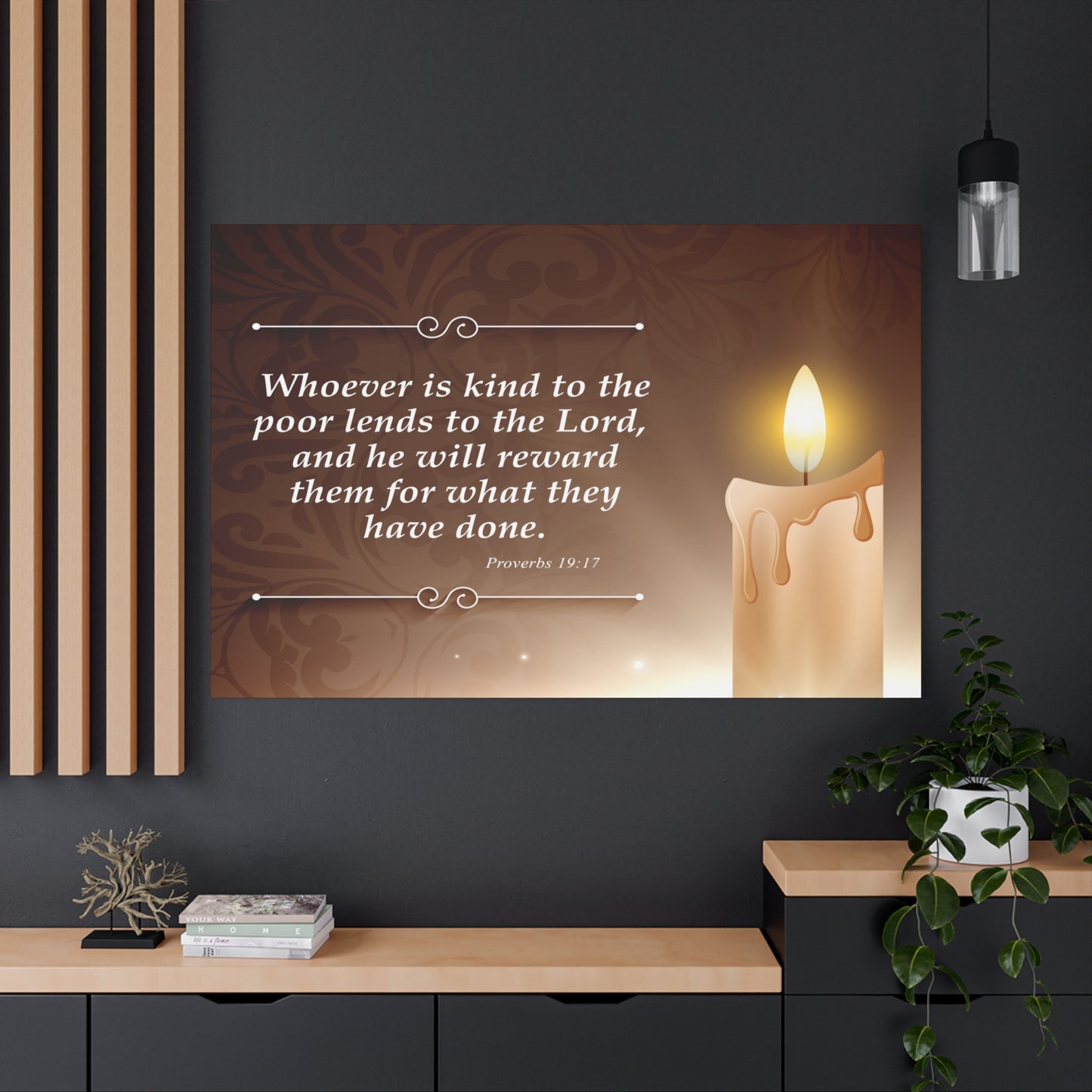 Proverbs 19:17 Candle Inspirational Scripture Print by Grace Canvas Shop