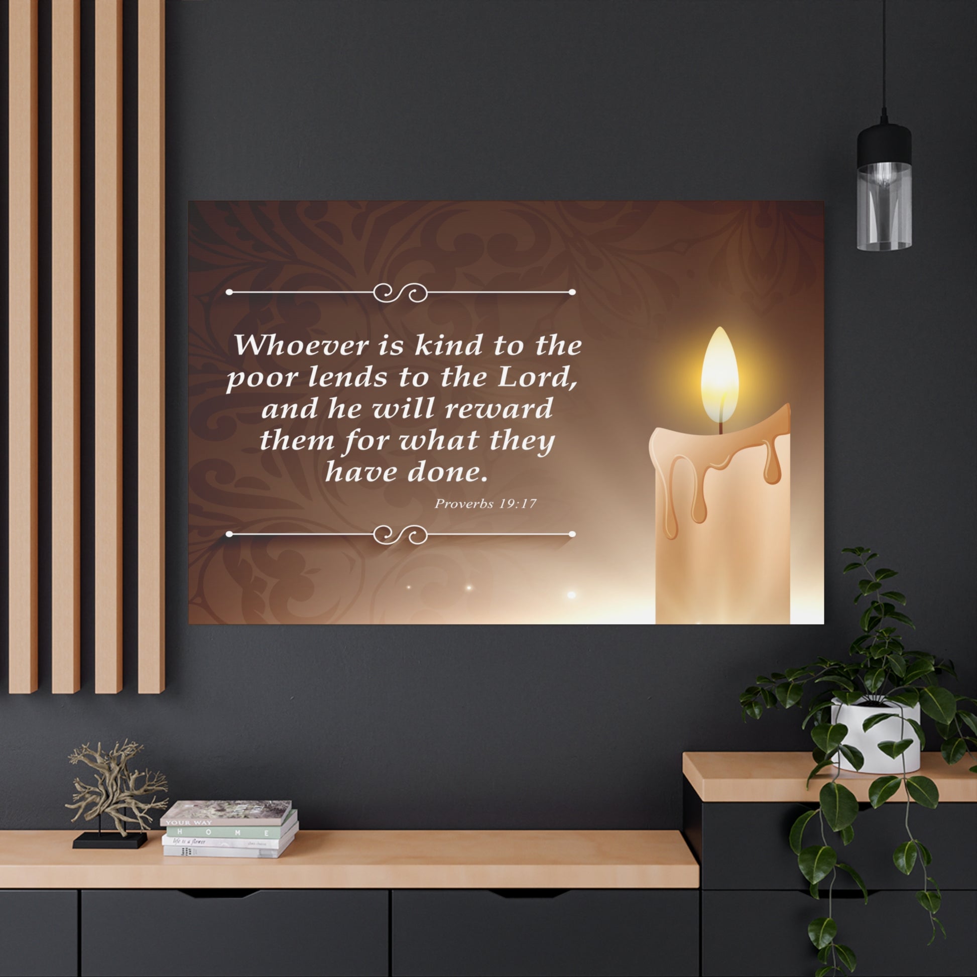 Proverbs 19:17 Candle Inspirational Scripture Print by Grace Canvas Shop