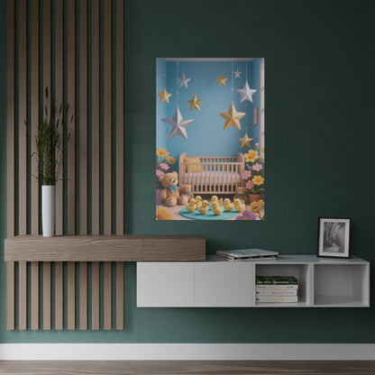 Nursery Star Wall Poster — Cute Crib, Teddy & Hanging Stars Satin Print by Grace Canvas Shop