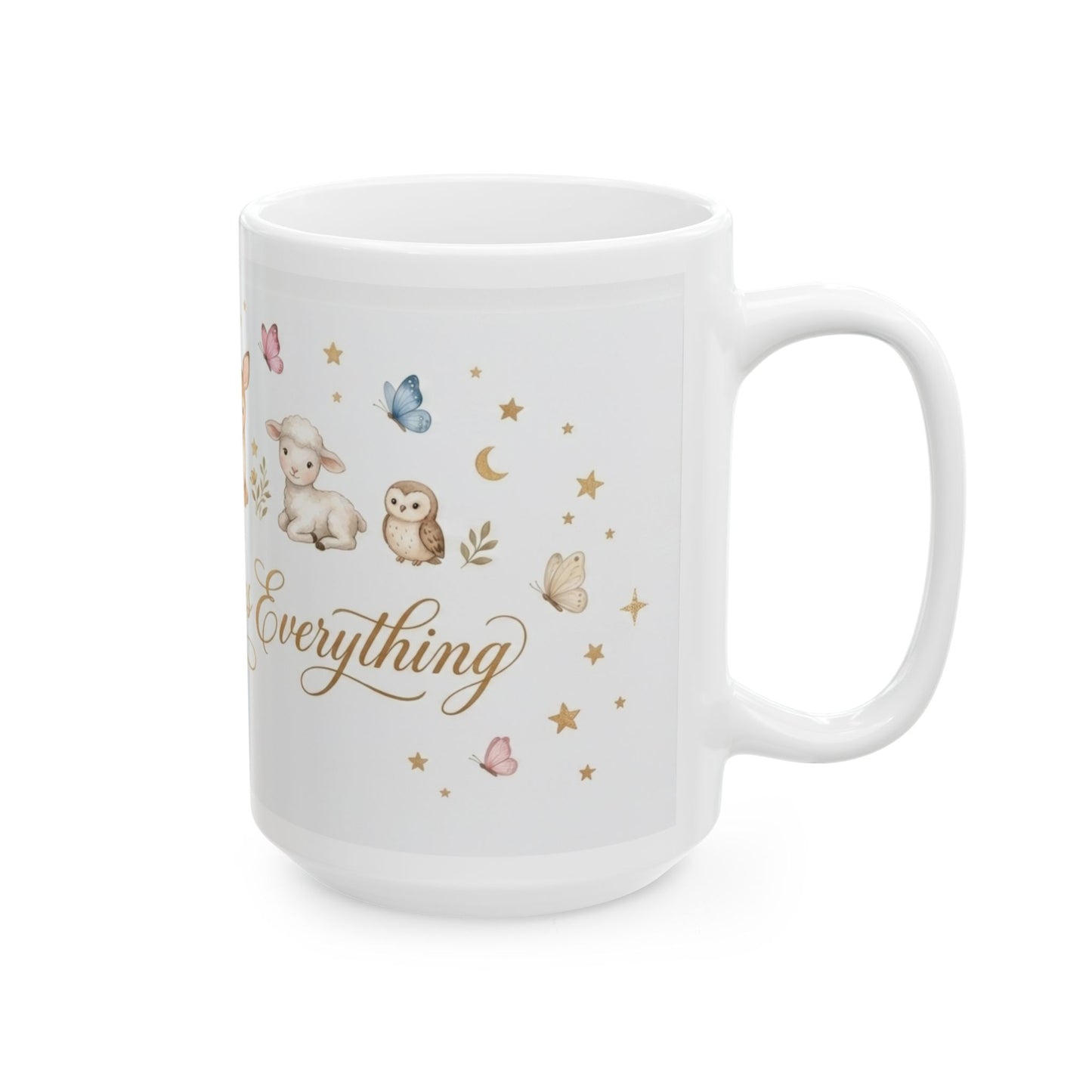 Baby Blessings Ceramic Mug — "Prayer Changes Everything" with Cute Woodland Animals (11oz, 15oz)
