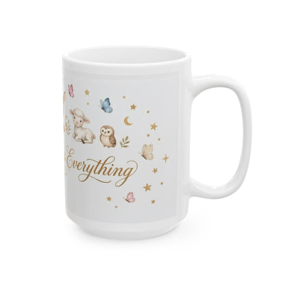 Baby Blessings Ceramic Mug — "Prayer Changes Everything" with Cute Woodland Animals (11oz, 15oz)