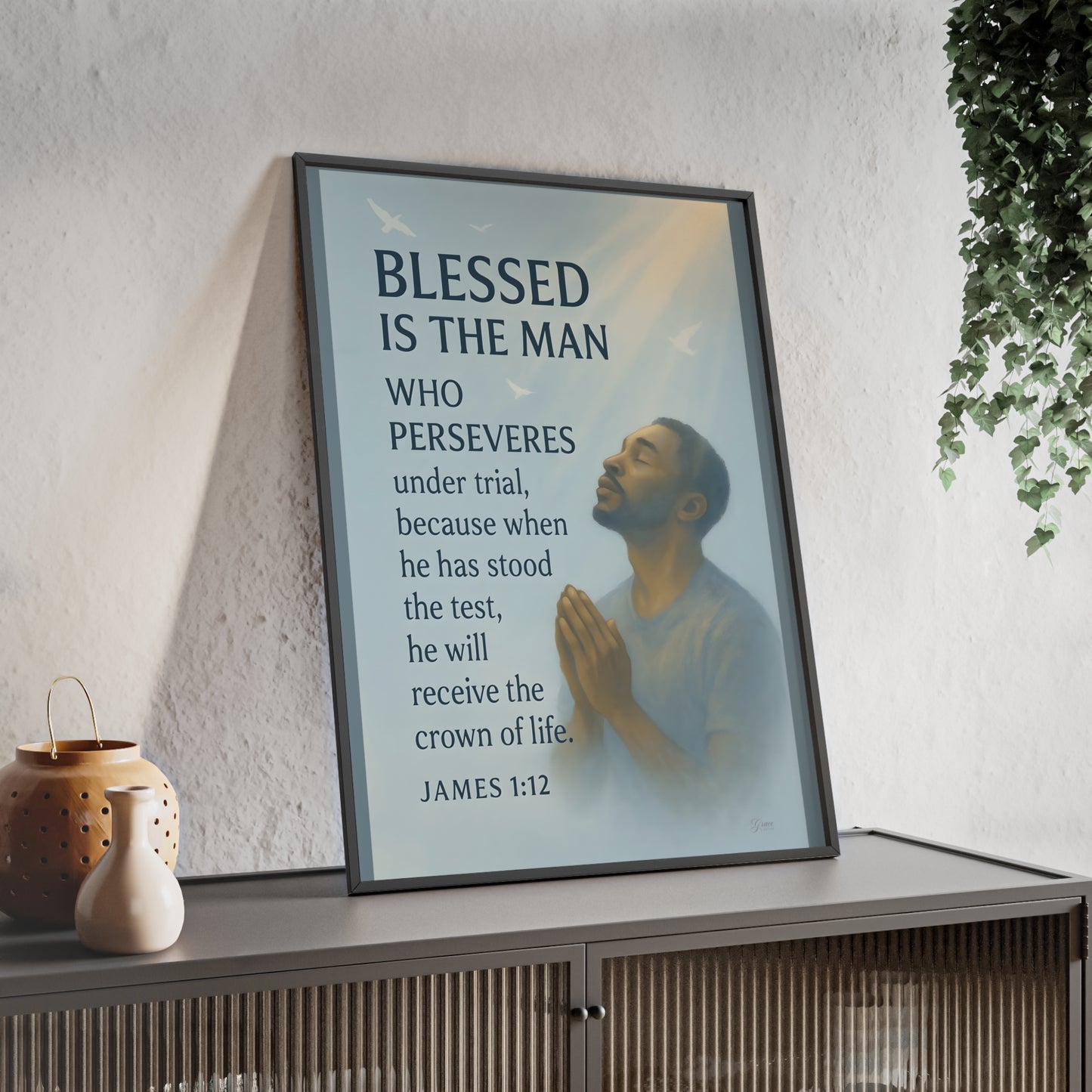 Blessed Is The Man Prayer Poster with Wooden Frame — James 1:12 Inspirational Wall Art