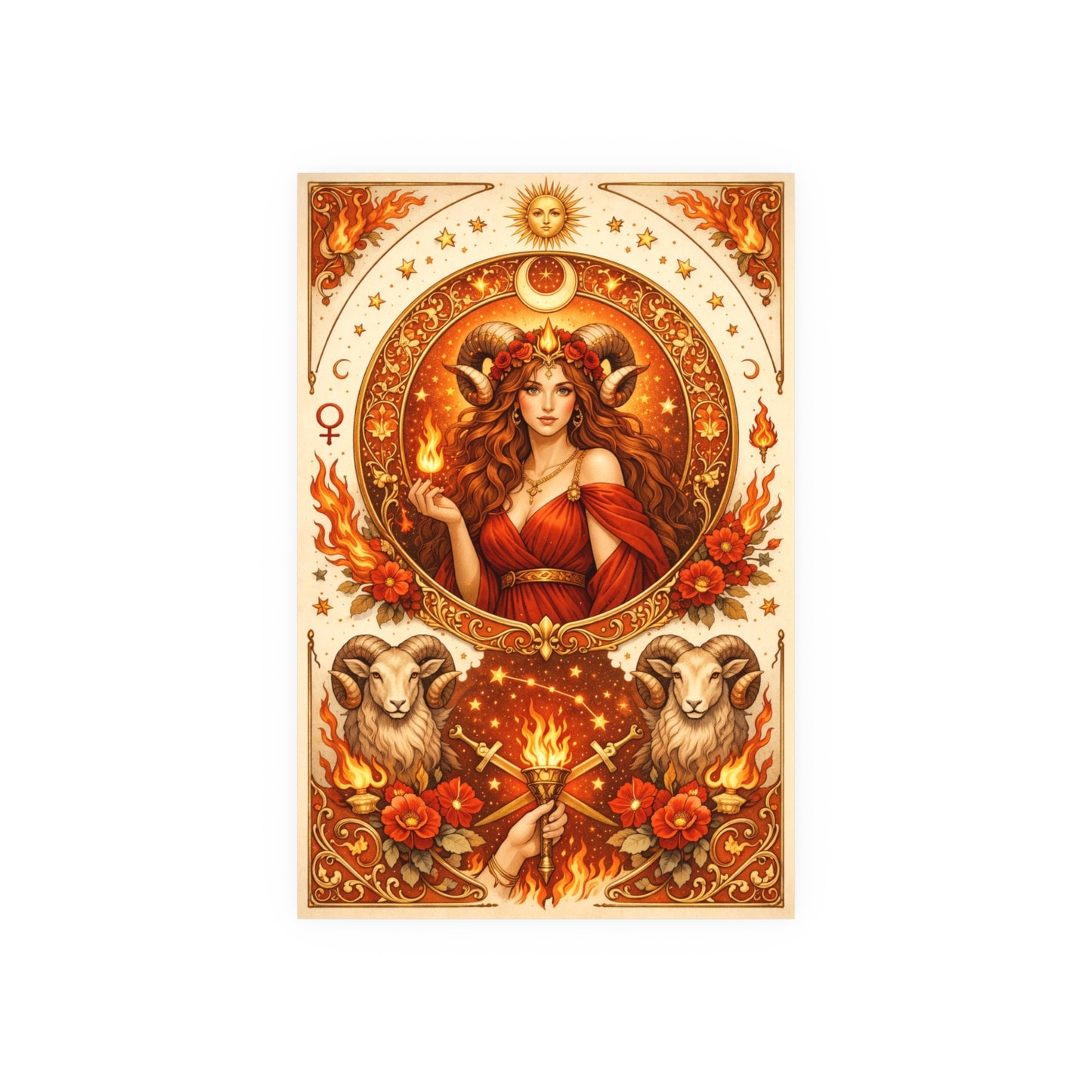 Aries Zodiac Art Poster — Fiery Goddess Illustration (Archival Matte)