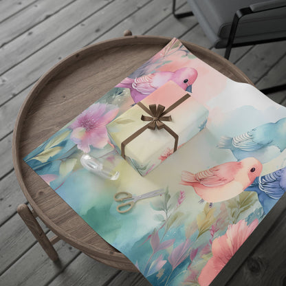 Pastel Bird Floral Wrapping Paper — Watercolor Birds Gift Wrap for Baby Showers & Spring Occasions