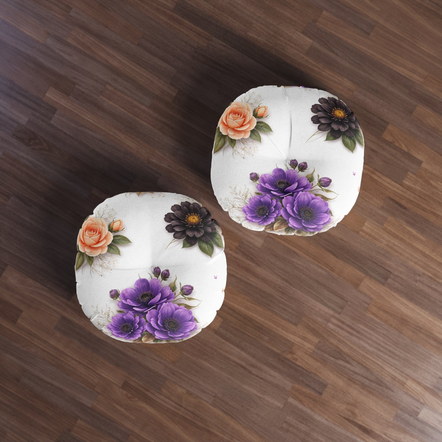 Round Tufted Floor Pillow — Vintage Floral Bouquet (Purple, Peach & Chocolate Blooms)