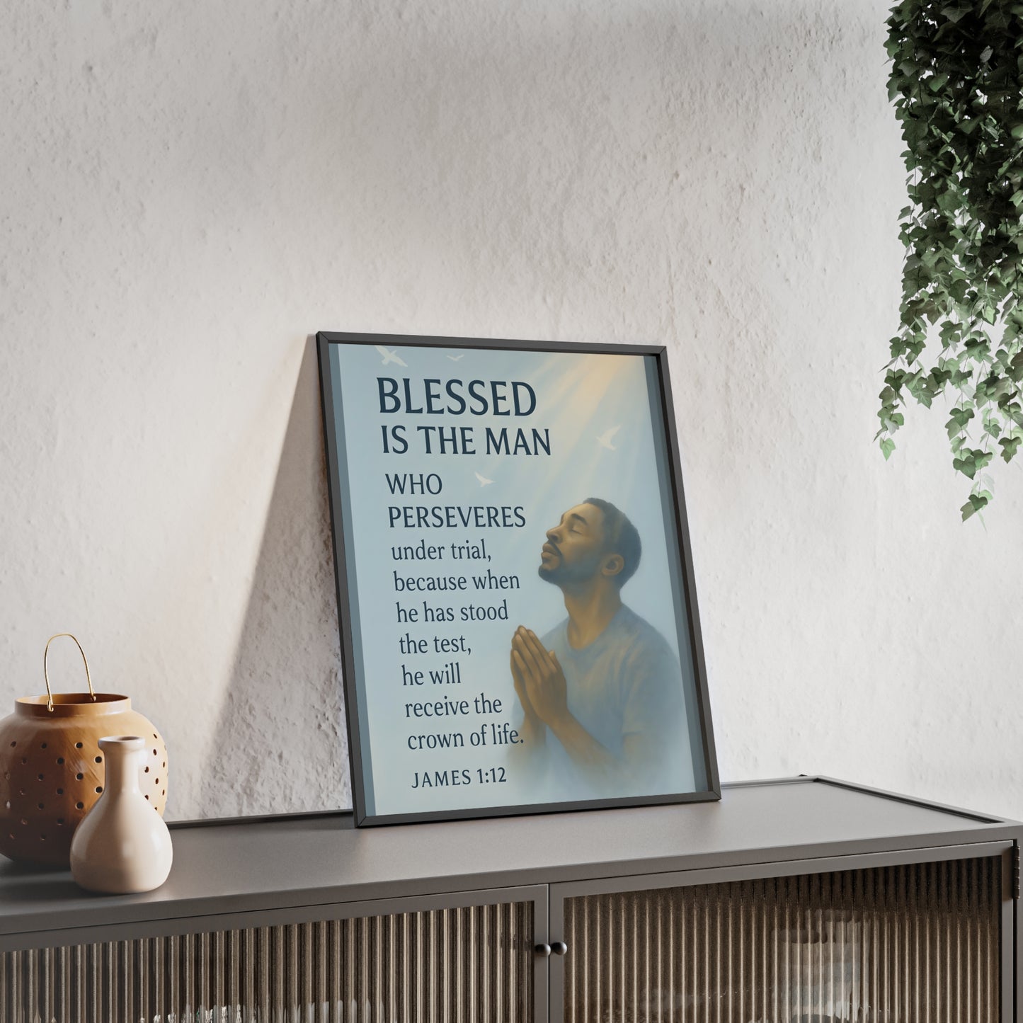 Blessed Is The Man Prayer Poster with Wooden Frame — James 1:12 Inspirational Wall Art