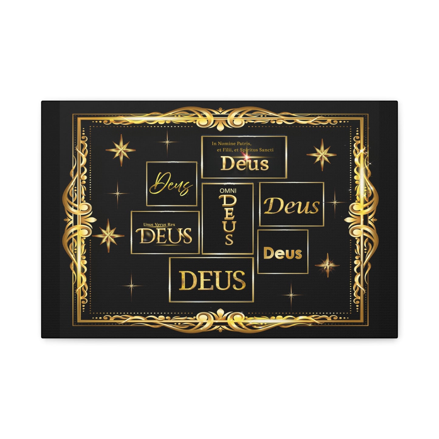 Deus Gold Script Matte Canvas Wall Art  Black & Gold Religious Typography