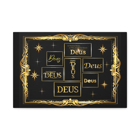 Deus Gold Script Matte Canvas Wall Art Black & Gold Religious Typography by Grace Canvas Shop