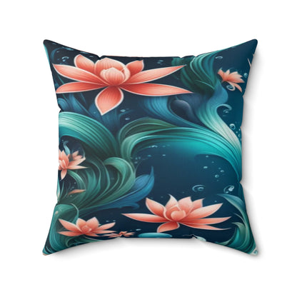 Aquatic Square Floral Throw Pillow — Teal & Coral Decorative Cushion