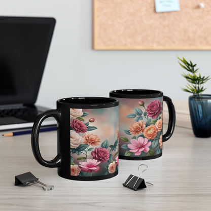Floral Vintage Roses Black Coffee Mug (11oz/15oz)