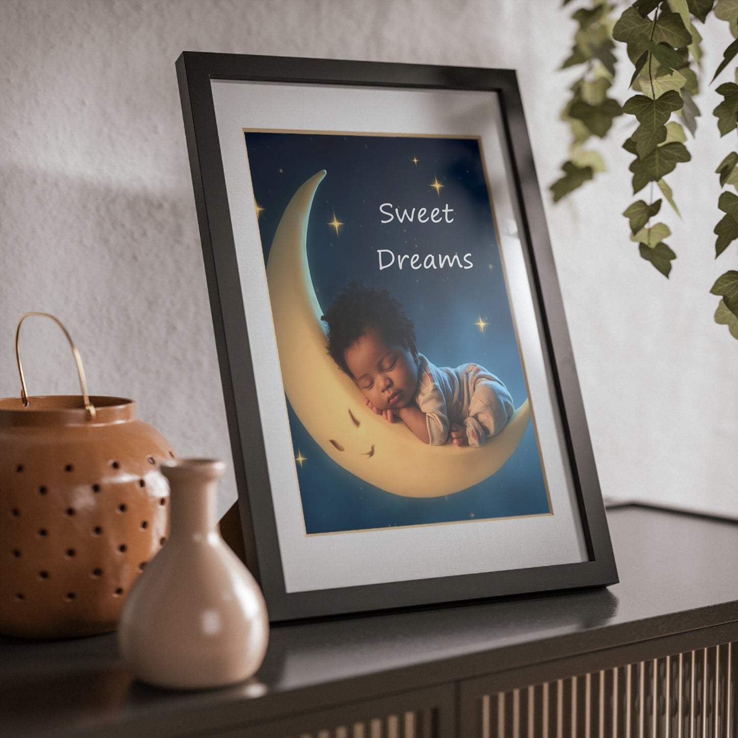 Sweet Dreams Nursery Framed Poster — Baby Moon Wall Art (Black Frame)
