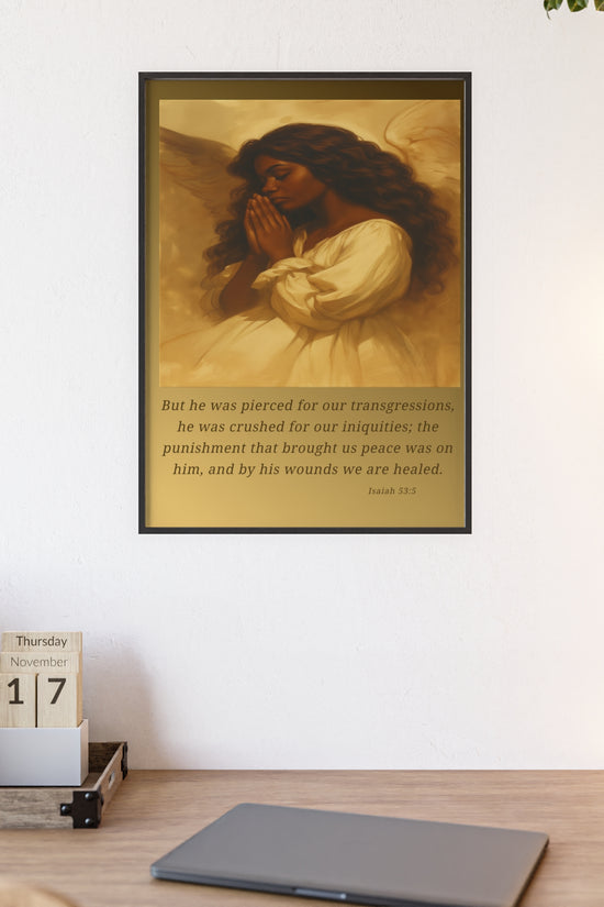 Framed Prayer Angel Poster — Isaiah 53:5 Religious Wall Art