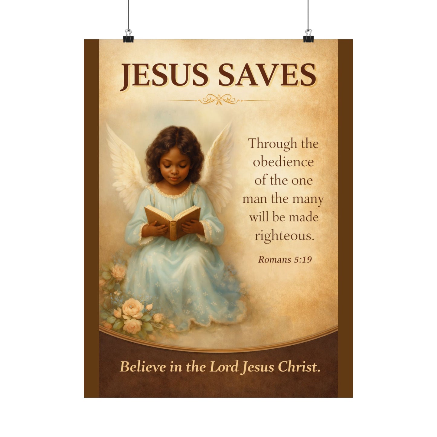 Jesus Saves Matte Poster — Angel Child with Romans 5:19 Inspirational Christian Wall Art