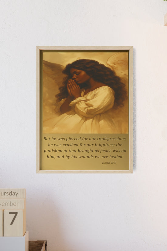 Framed Prayer Angel Poster — Isaiah 53:5 Religious Wall Art