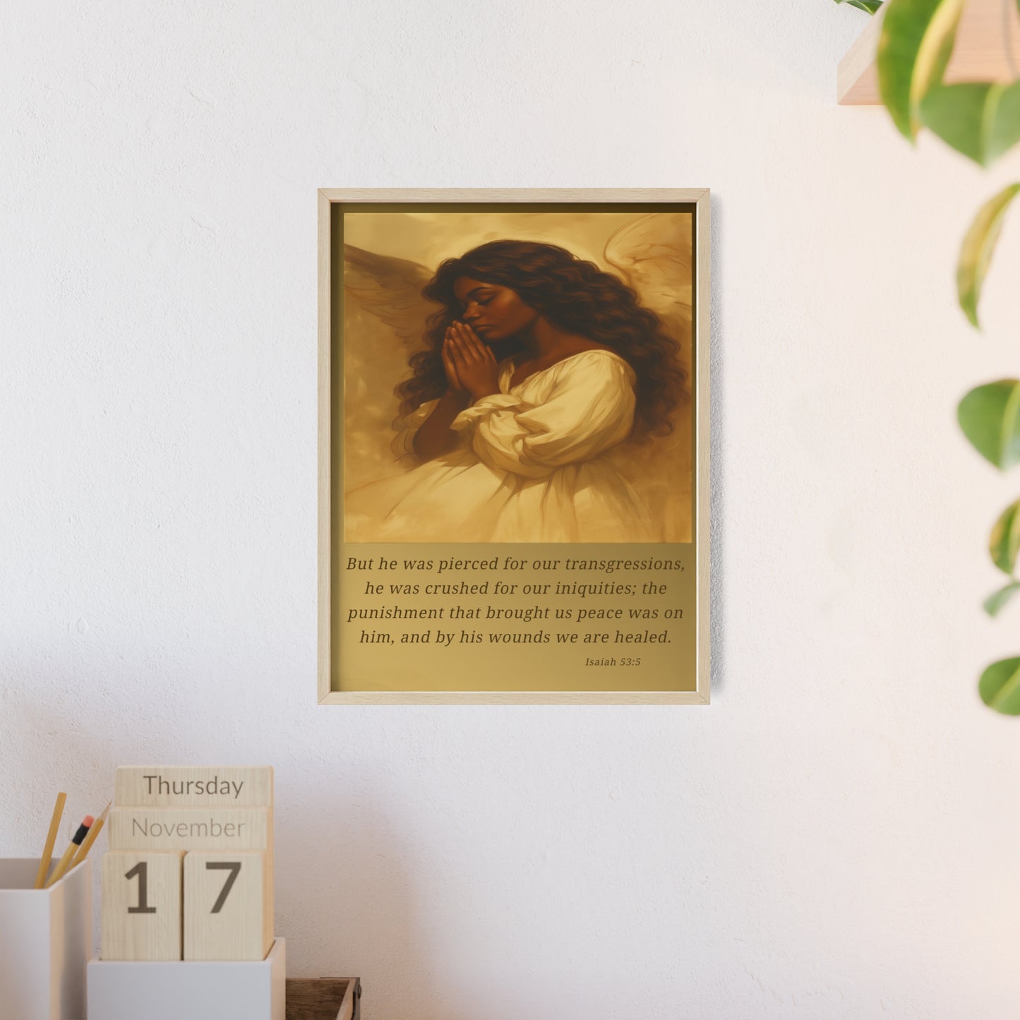 Framed Prayer Angel Poster — Isaiah 53:5 Religious Wall Art